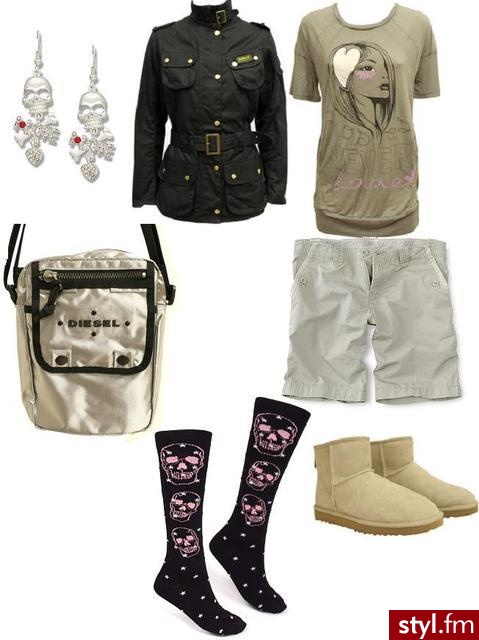 koszulka - Fornarina
spodenki - Timberland
kurtka - Barbour
buty - UGG
torebka - Diesel
skarpetki - Loungefly 
kolczyki - Bijou Brigitte - Styler