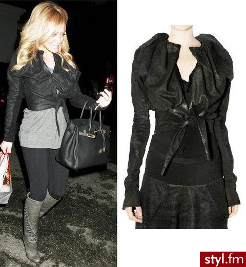 Skórzana kurtka Hilary Duff
Skórzane ubrania, lansowane na wybiegach domu mody Bottega Veneta wkraczają do szaf gwiazd!
Krótka skórzana kurtka to hit sezonu - Moda uliczna Inne Moda