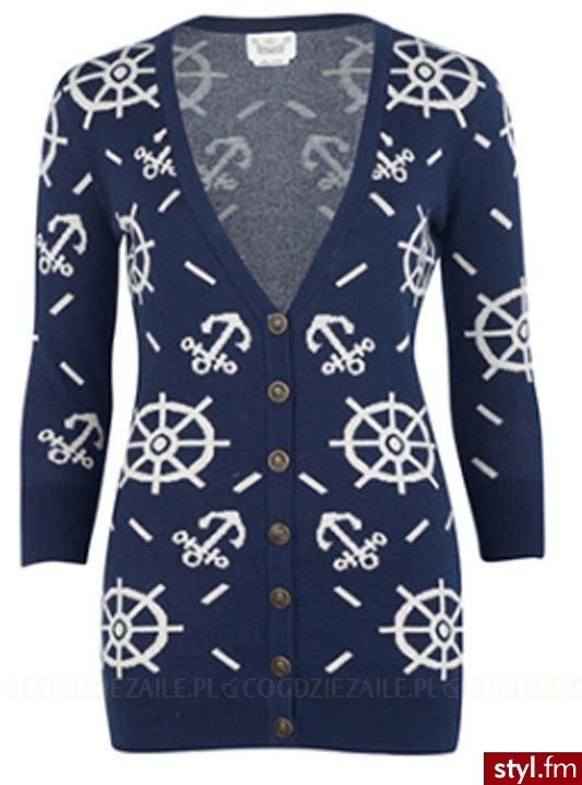 Sweter - River Island. Dopasowany sweter z nowej kolekcji River Island. Granatowy, w marynarski wzór. Zapinany na rząd dużych guzików, wykończony na dole ściągaczami, z dekoltem w kształcie litery \"V\". - Pozostałe Ciuchy Moda