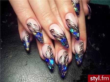 czarny french+folia holo+malowanki - Paznokcie