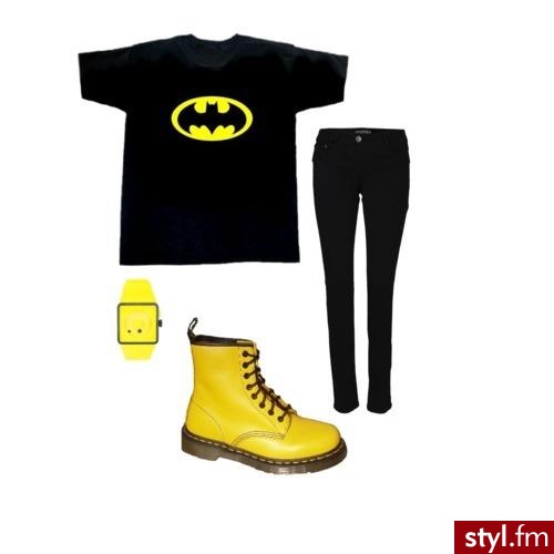 batmaan. koszulka ze znakiem batmana, czarne rurki, martensy i stylowy zegareczek - Styler