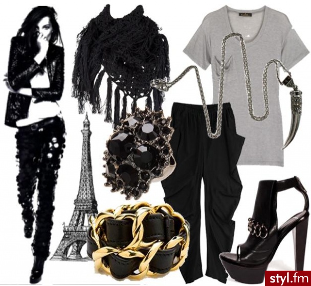 Tee - KAIN,Pants - Zero Maria Cornejo,
Crochet Scarf - Dorothy Perkins,Necklace - Jean Paul Gaultier,18Kt Gold Chain Bracelet - CC Skye,
Black Stone Ring - Yves Saint Laurent,
Shoes - Alexander Wang - Styler