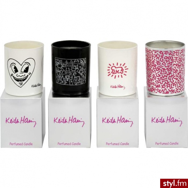 perfumowane świeczki stworzone przez Kith Haring dla Ligne Blanche wydobędą z siebie zapach: cytrusów, drzewa sandałowego, imbiru i karmelu, cena 60$ za jedna - Gadżety Inne Moda