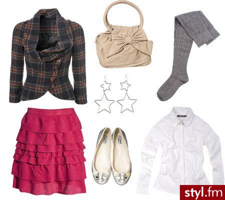 Żakiet w kratę ok. 300zł, torebka 99zł Topshop, kolczyki 12,90zł Promod, spódnica 149zł, zakolanówki 19,90zł H&M, baleriny 199zł Zara, koszula 62,90zł House - Styler