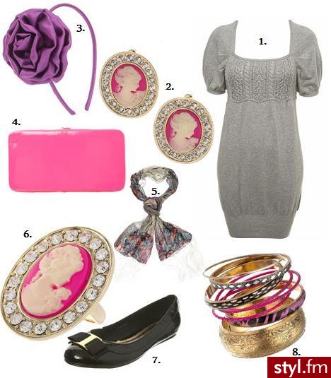 Miss Selfridge. Miss Selfridge 1. sweterek tunika £38.00 2.kolczyki £10.00 3. opaska £8.00 4. torebka £15.00 5. apaszka £12.00 6. pierścionek £10.00 7. balerinki £25.00 8. bransoletki £15.00 - Styler