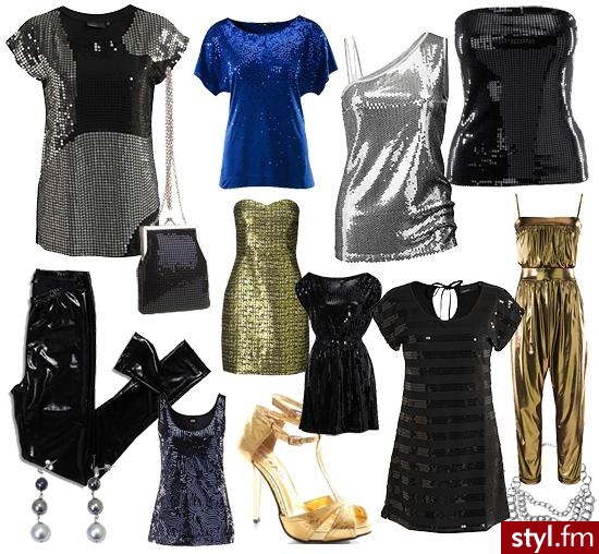 Trendy na sylwestra-blask!. W zestawie: bluzka KappAhl 89,90 zł; niebieska bluzka H&M ok. 19,90 zł; srebrny top KappAhl 69,90 zł; czarny top bez ramiączek H&M ok. 39 zł; cekinowa torebka na łańcuszku 69 zł Bata; złota sukienka H&M ok. 119,90 z - Styler