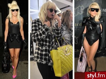 Lady Gaga !Charakterystyczne dla jest stylu są legginsy, body, gorsety, do tego wielkie torby, niebanalne buty, okulary w masywnych, plastikowych oprawkach i jako dodatkek obowiązkowy kokardy - gdzie się da! Czy to na głowie, uformowane z włosów, czy na p - Moda uliczna Inne Moda