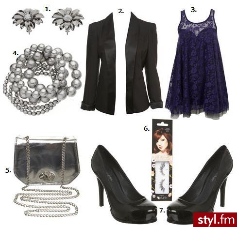 Miss Selfridge. Miss Selfridge 1.kolczyki £6.00 2.żakiet £45.00 3.sukienka £45.00 4.bransoletka £4.00 5.torebka £15.00 6.sztuczne rzęsy £5.00 7.buty na platformie £ 25.00 - Styler