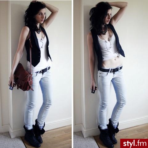 Rocker	 style, best suited for Everyday. kate moss for topshop black vest 
zara blue jeans - Moda uliczna Inne Moda