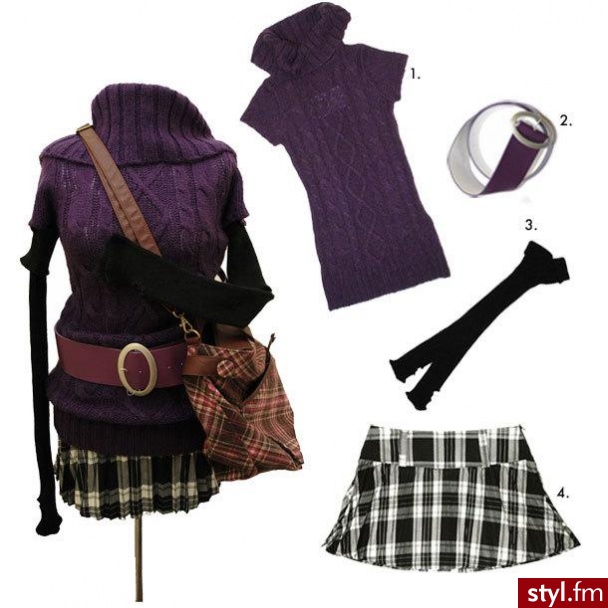 zestaw ciuchów maskujących brzuszek, podkreślających biust i eksponujących nogi (torba opcjonalnie): (1) kamizela Orsay, 79,90zł (2) pasek Troll, 39,90zł (3) mitenki H&M, 24,90zł (4) spódnica Troll 79,90zł - Pozostałe Ciuchy Moda