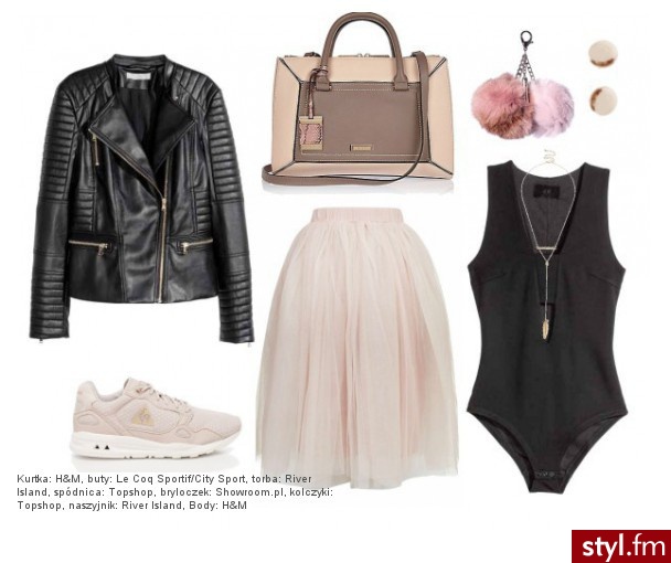 Kurtka: H&M, buty: Le Coq Sportif/City Sport, torba: River Island, spódnica: Topshop, bryloczek: Showroom.pl, kolczyki: Topshop, naszyjnik: River Island, body: H&M  - Styler