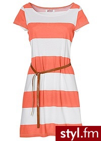 Bonprix Sukienka z paskiem łososiowy w paski 979360_18239 Sukienki krótkie Odcienie pomarańczowego - Paski Dodatki Moda