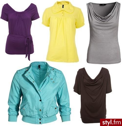 Fioletowa bluzka Wallis, ok. 88 zł; cytrynowe polo Vero Moda, ok. 67 zł; szary top H&M, 39,90 zł; kurtka H&M, 99 zł; czekoladowa bluzka Wallis, ok. 88 zł - Pozostałe Ciuchy Moda