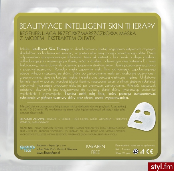 BEAUTYFACE INTELLIGENT SKIN THERAPY REGENERUJĄCA PRZECIWZMARSZCZKOWA MASKA Z MIODEM I EKSTRAKTEM Z OLIWEK - Kosmetyki