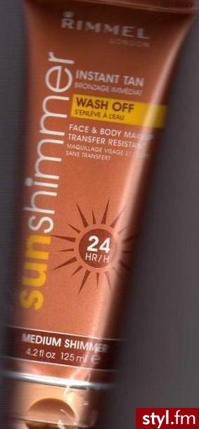 Bronzer Sun Shimmer FACE & BODY MAKE UP firmy RIMMEL. Do twarzy i Ciała. Nadaje piękny opalony kolor, zmywa się przy użyciu wody z mydłem.. jest odporny na ścieranie i pot, nie zostawia plam. Cena allegro 39zł w PL nie dostepny - Misz-masz