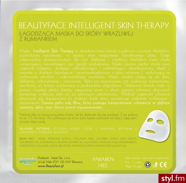 BEAUTYFACE INTELLIGENT SKIN THERAPY ŁAGODZĄCA MASKA DO SKÓRY WRAŻLIWEJ Z RUMIANKIEM  - Kosmetyki