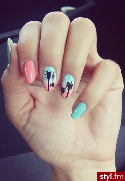#palmy #summernails - Migdałki Malowane farbkami Naturalne Paznokcie