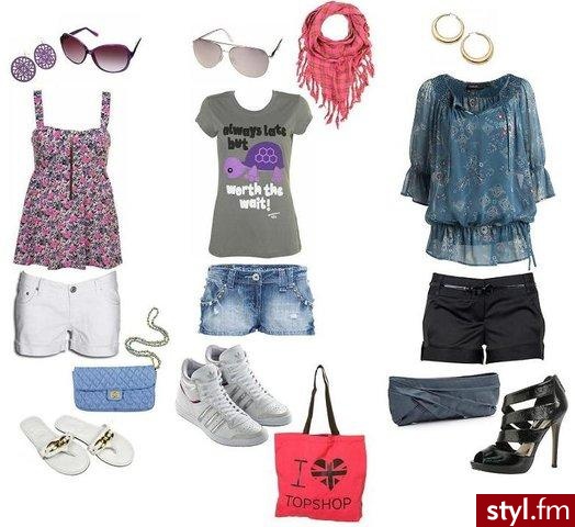 W zestawach od lewej:

-  szorty Cubus 99 zł, top Topshop 25 funtów, klapki Cubus 49,99 zł, kolczyki Topshop 10 funtów, torebka Cubus 79,99 zł, okulary Topshop 15 funtów 

-  szorty River Island 29,99 funtów, t-shirt Topshop 20 funtów, buty Adidas ok. - Styler