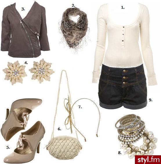 Miss Selfridge. Miss Selfridge 1.bluzka £16.00 2. chustka £15.00 3.kurtka £45.00 4.kolczyki £8.00 5.butki £35.00 6.torebka £20.00 7.opaska £5.00 8.bransoletki £15.00 9.spodenki £28.00 - Styler