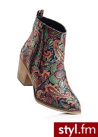 Bonprix Botki niebiesko-zielono-czerwony z nadrukiem 926932_22128 - Botki Buty Moda