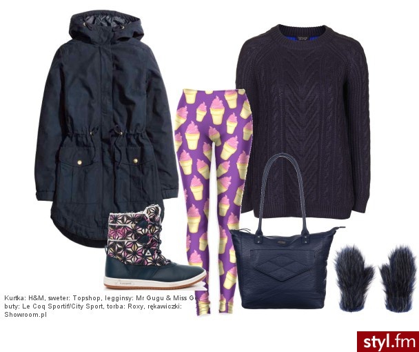Kurtka: H&M, sweter: Topshop, legginsy: Mr Gugu & Miss Go, buty: Le Coq Sportif/City Sport, torba: Roxy, rękawiczki: Showroom.pl - Styler