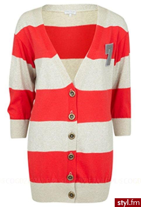 Sweter - River Island. Rozpinany sweter z nowej kolekcji River Island. W szerokie, poziome, biało-różowe pasy. Ma długi, swobodny fason, ściągacze na dole i przy rękawach 3/4 długości. Z naszywką na biuście i dekoltem w kształcie litery \"V\". - Pozostałe Ciuchy Moda